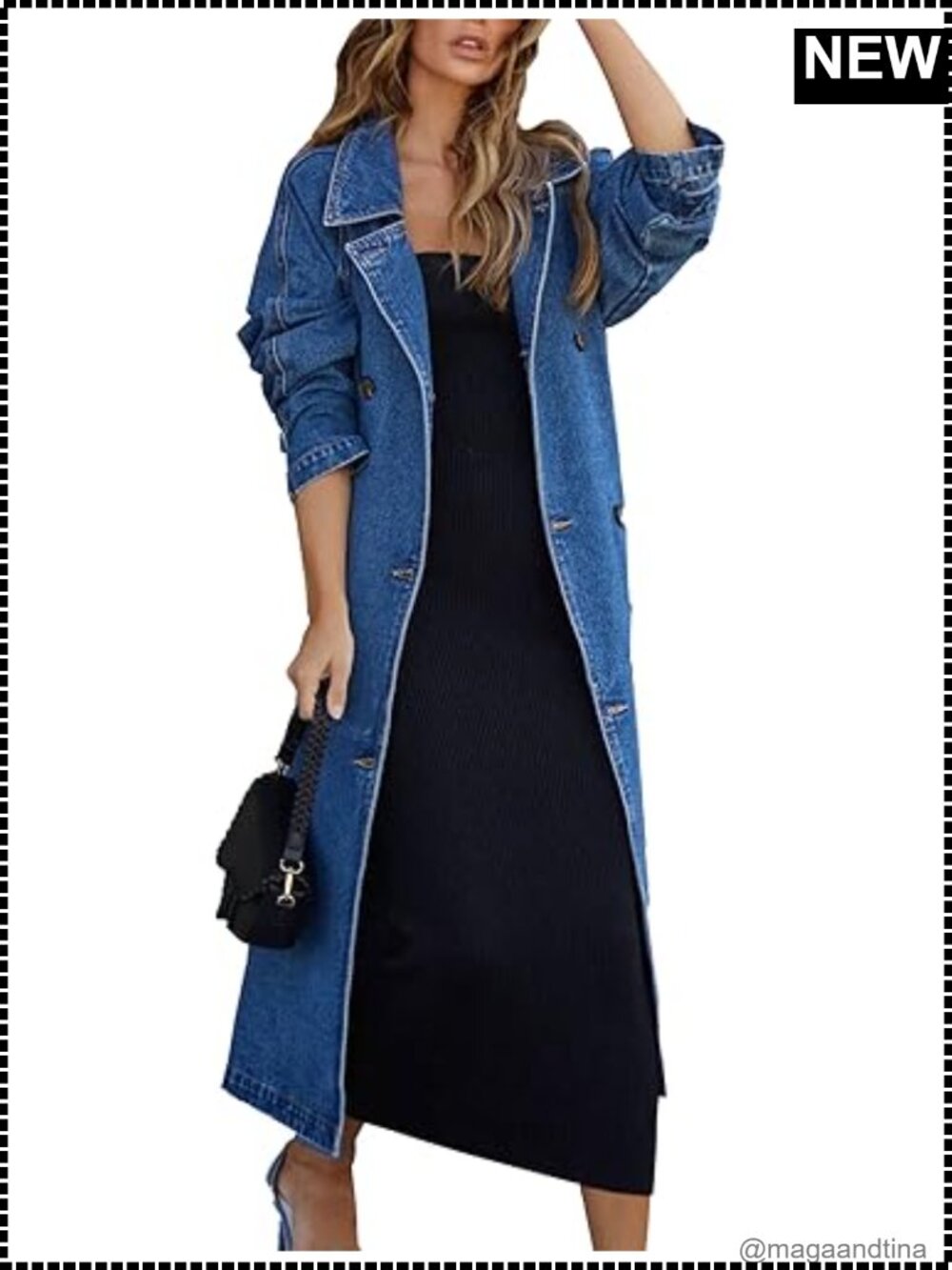 Women's Oversized Denim Jacket Trench Coat Belted Double Breasted